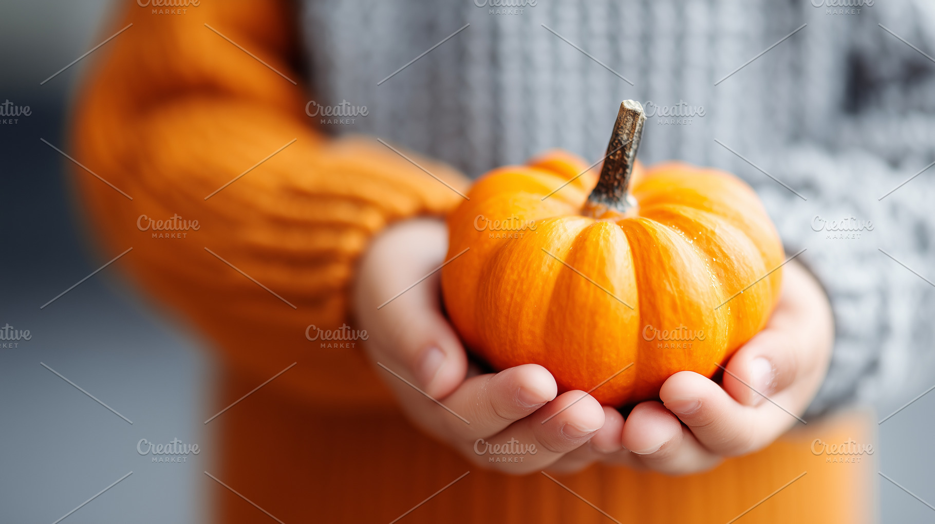 Child in a cozy sweater hold pumpkin, a Holiday Photo by MistyDay