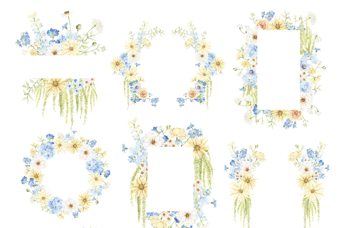 Watercolor Clipart-Blue Cream Floral, a Decorative Illustration by Beigetime (Photo 5 of 16)
