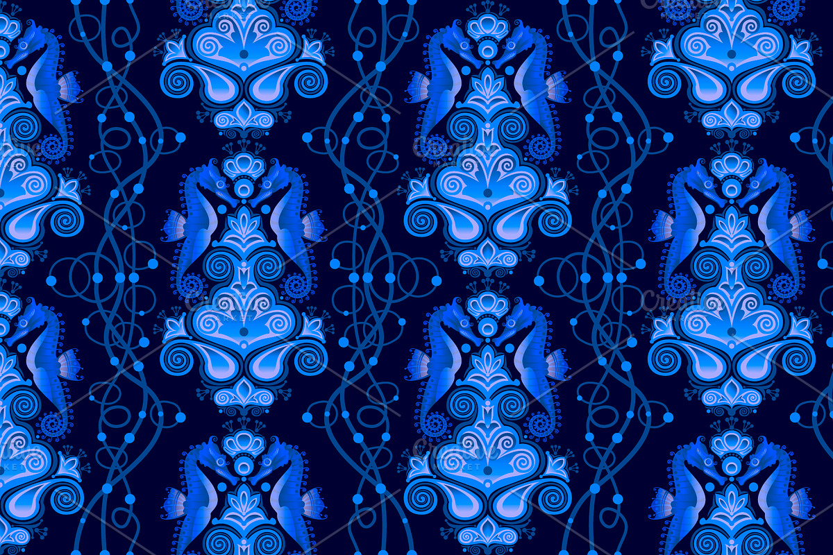 Sea Horse. Art and seamless pattern, a Pattern Graphic by sovarina (Photo 1 of 9)