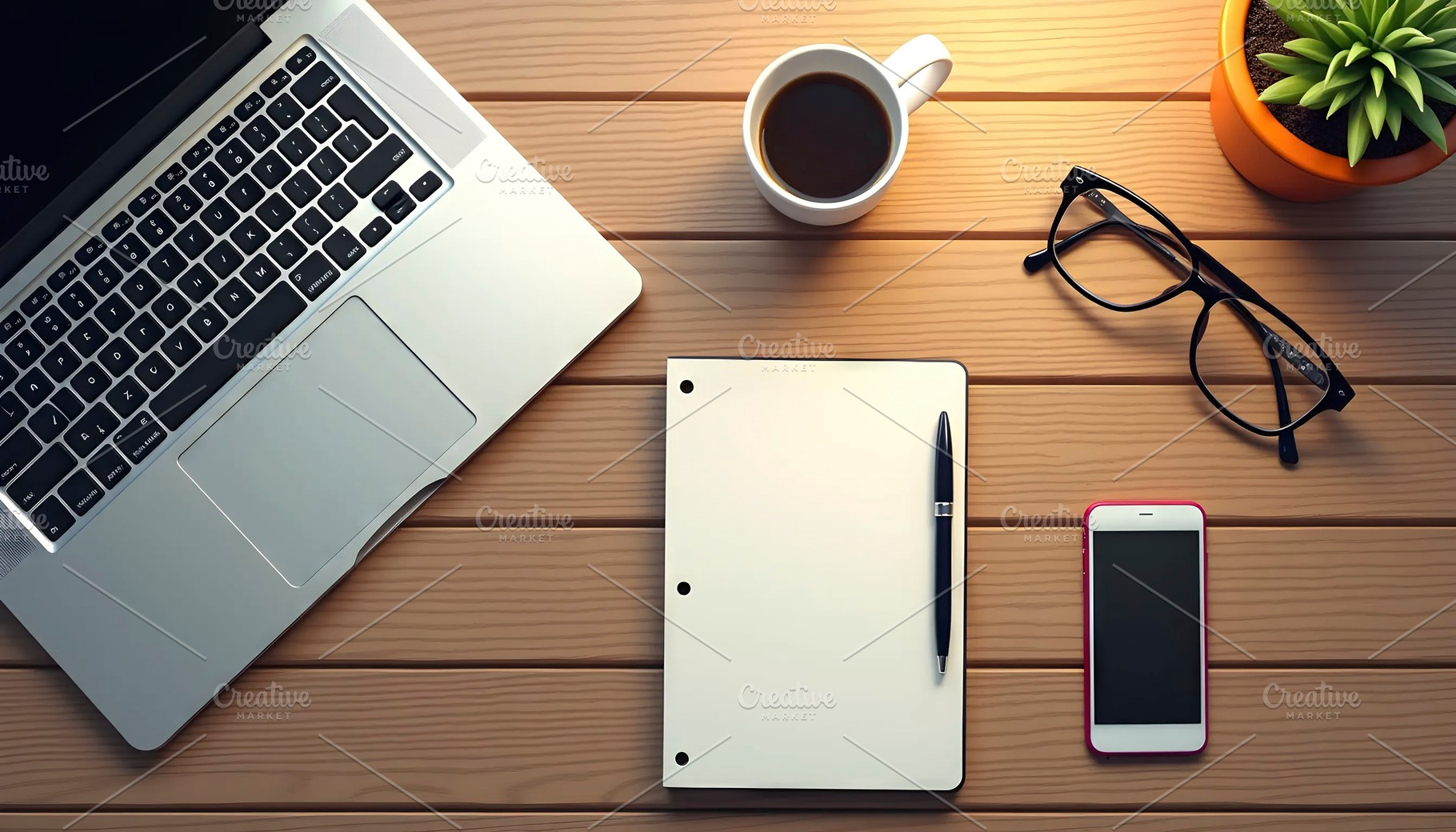 lat Lay Workspace with Coffee and No, a Photo by LOGOCREATIVE