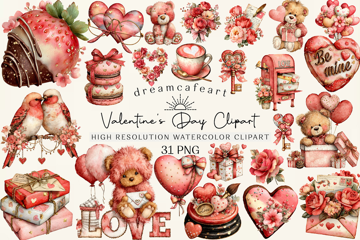 Whimsical Valentine's Day Clipart, an Illustration by DreamCafeArt (Photo 1 of 6)