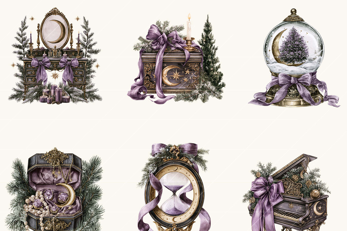 Watercolor Moonlit Christmas Clipart, a Seasonal Illustration by BusyDaydesign (Photo 5 of 7)