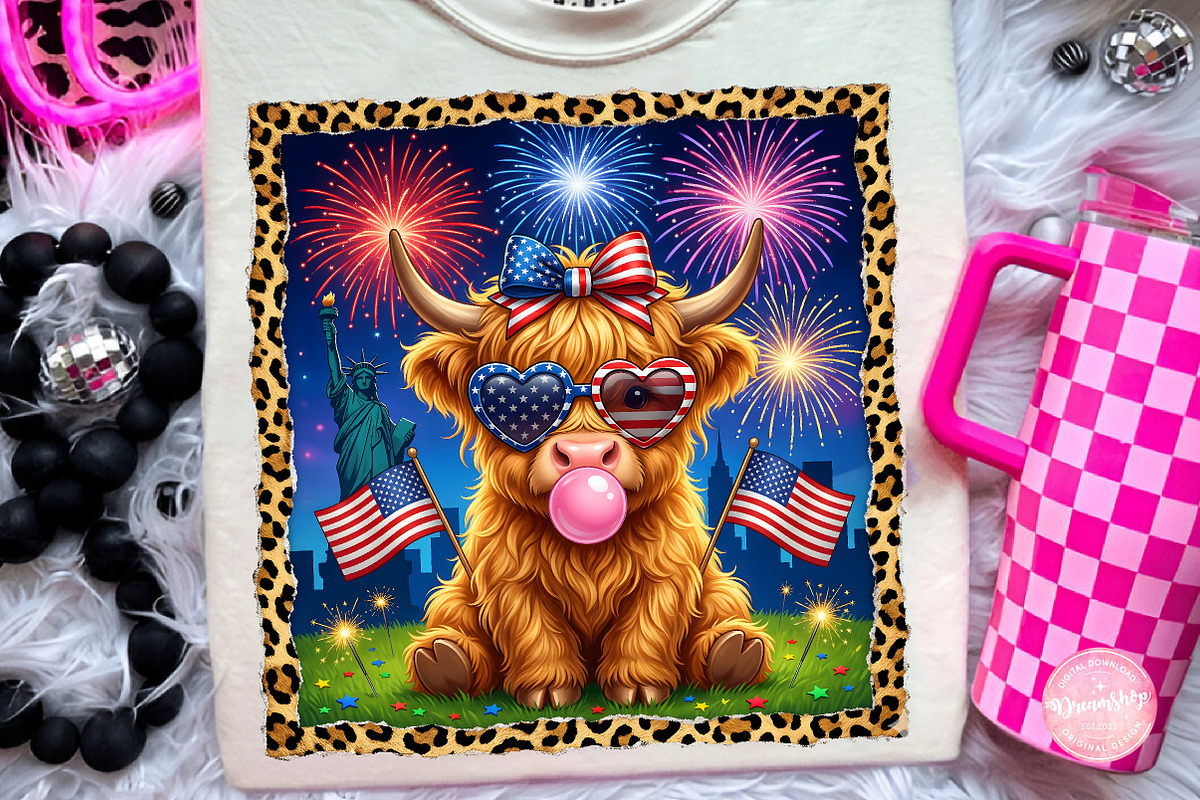 Hand Drawn 4th of July Highland Cow, an Illustration by CreationArt (Photo 1 of 6)