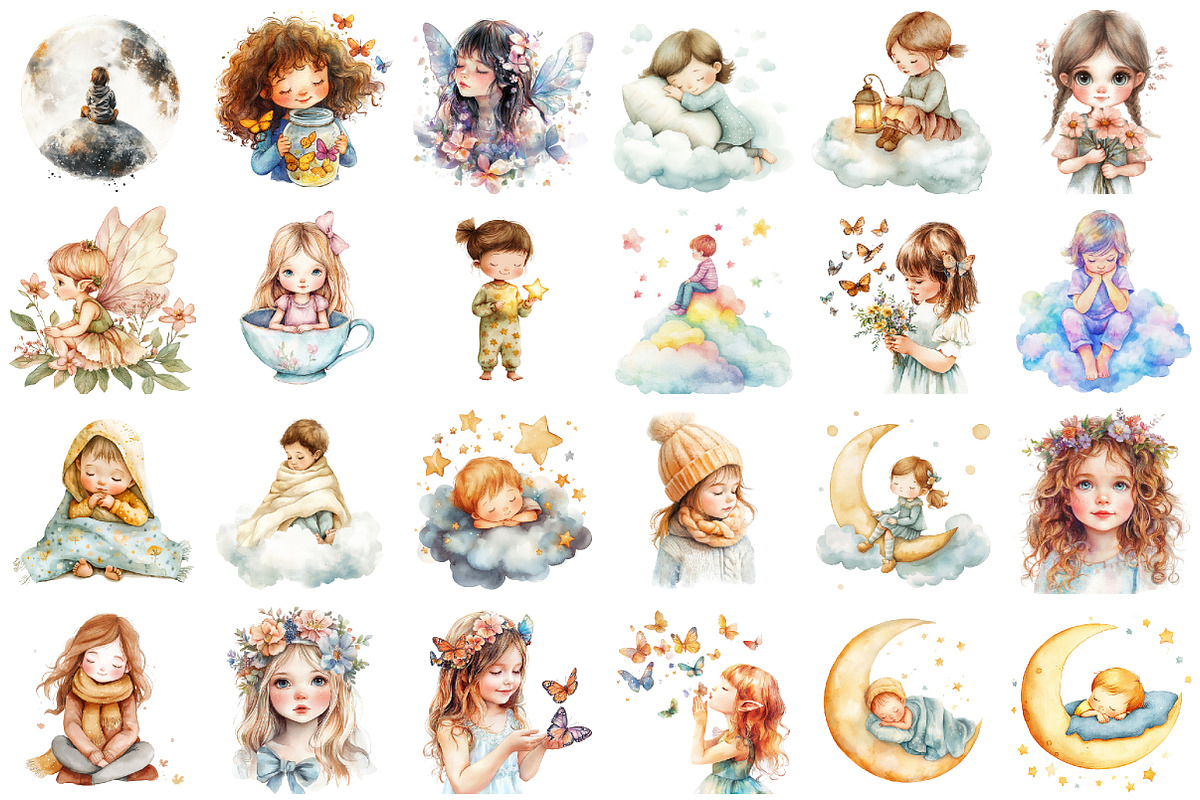 Watercolor Dreamy Fantasy Kids Clipa, an Illustration by designcity5 (Photo 2 of 5)