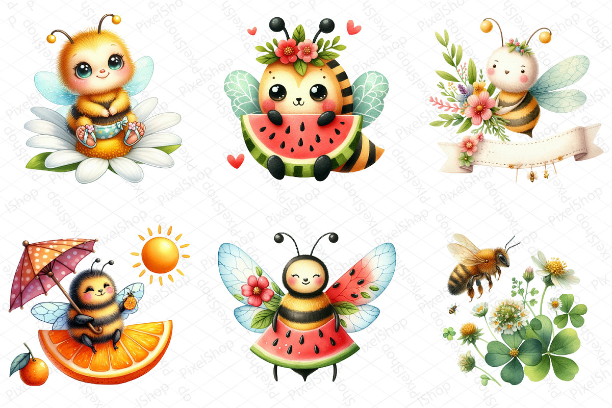Watercolor Summer Yellow Bee Clipart, an Illustration by DreamPrint404 (Photo 2 of 5)
