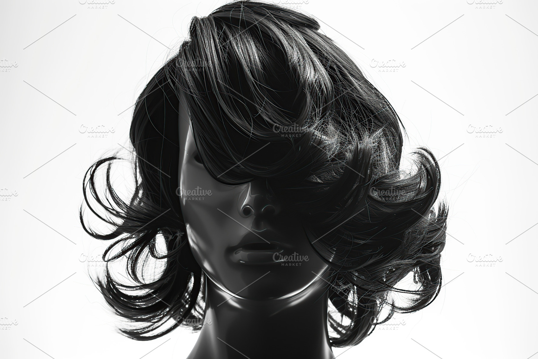 Front view of black wig on mannequin head isolated on white back, a Photo by AlyaAnd