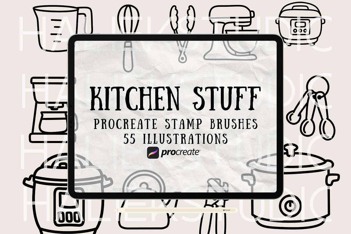 Kitchen Tools Procreate Stamps Brush, a Brush Add-On by HalieKStudio (Photo 1 of 9)