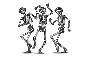 Dancing Skeletons In Hats Engraving