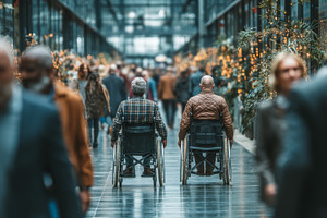 Wheelchair users navigating a busy corridor amidst modern architecture interior, a Person Photo by AS photostudio