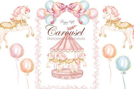 Pink carousel baby shower clip arts, an Illustration by TheHappyGiftArt