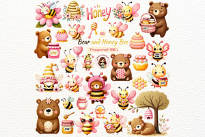 Bear and Honey Bee Clipart Set, an Animal Illustration by Nicolle's Colorful Art