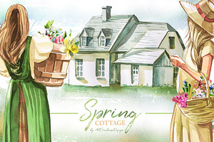 Watercolor Spring Cottage Clipart