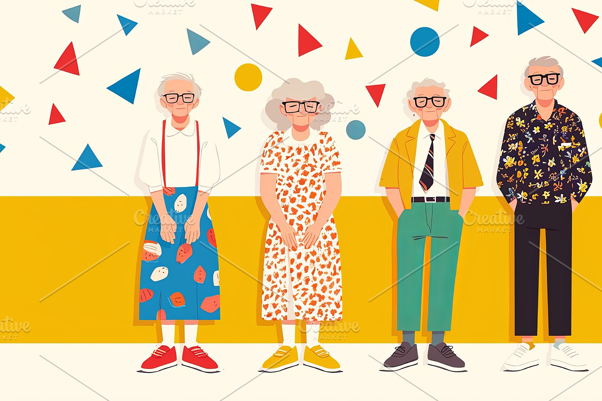 Colorful illustration of elderly individuals with vibrant outfits and cheerful, an Illustration by AS photostudio
