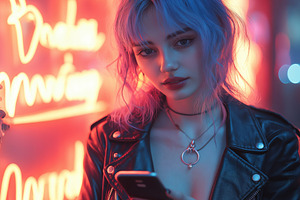 A young woman with pastel blue hair and a bold leather jacket, engrossed in her, a Person Photo by ImageMir