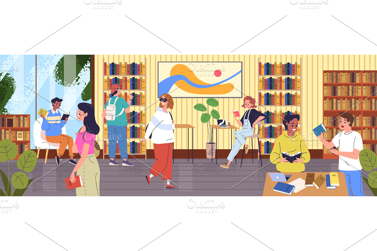 People public library. Students read, an Object Illustration by Stock-Smart-Start