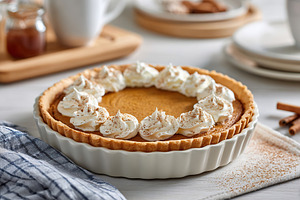 Pumpkin pie with whipped cream and cinnamon ready for dessert on a rustic dinin, a Food & Drink Photo by AlyaAnd