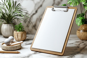 A wooden clipboard on a marble surface surrounded by plants, pencils, and decor, a Business Photo by ImageMir