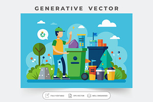 A person sorts waste into colorful b, a Graphic by Iftikhar Alam