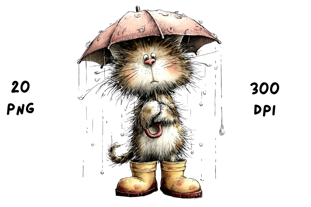 Whimsical Funny Rainy Cat Clipart, an Animal Illustration by GiraffeCreative (Photo 2 of 20)