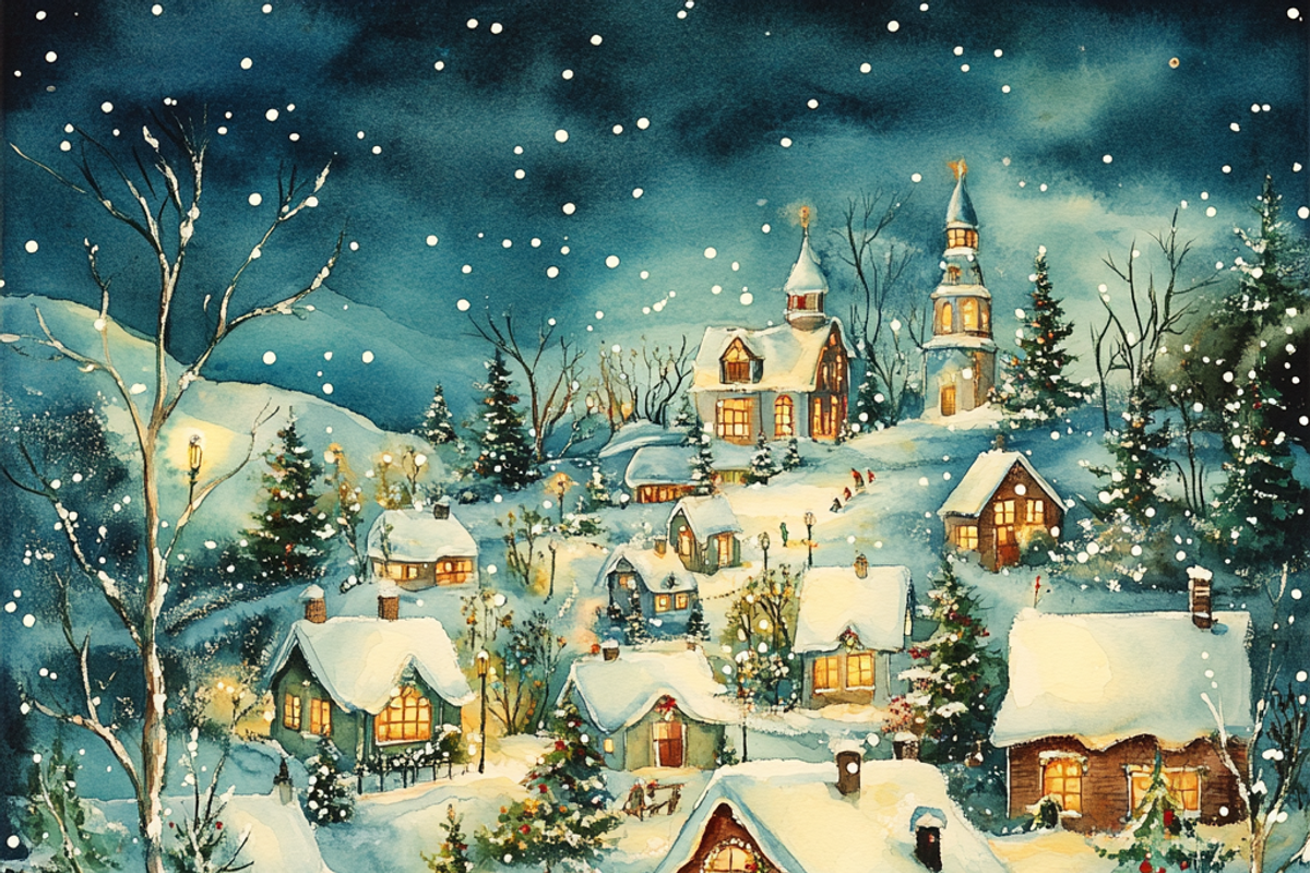 Watercolor Snowy Christmas Village