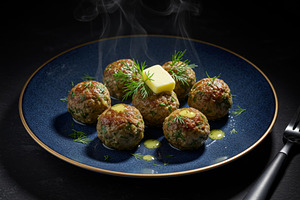 Steaming herb-seasoned meatballs wit, a Food & Drink Photo by professorinc