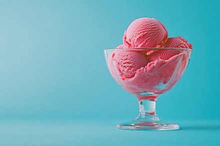 Colorful ice cream scoops in a glass bowl against a blue background, a Food & Drink Photo by AlyaAnd