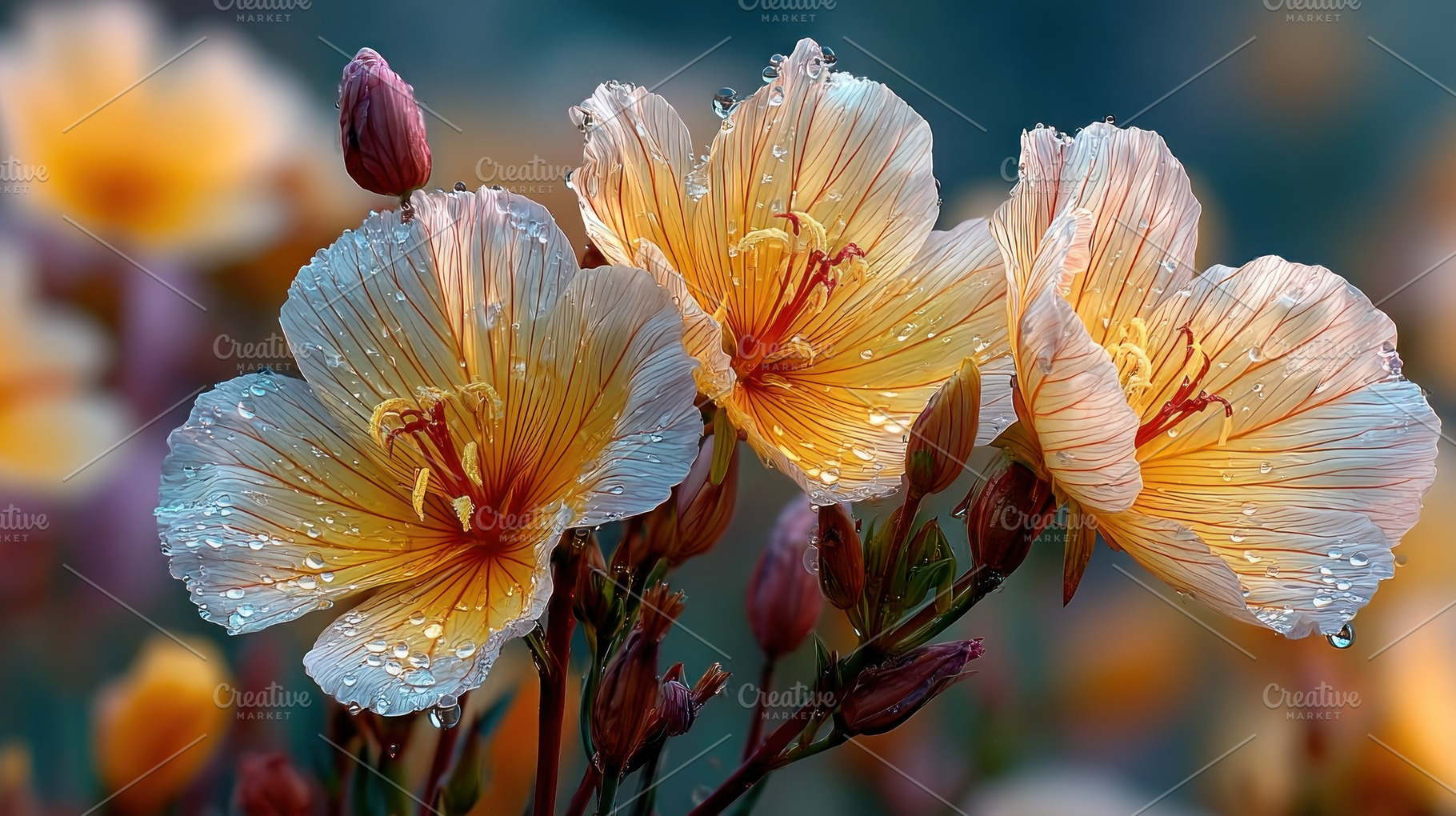Backlit translucent spring flowers with dew drops and warm glows, a Nature Photo by José Manuel Gelpi