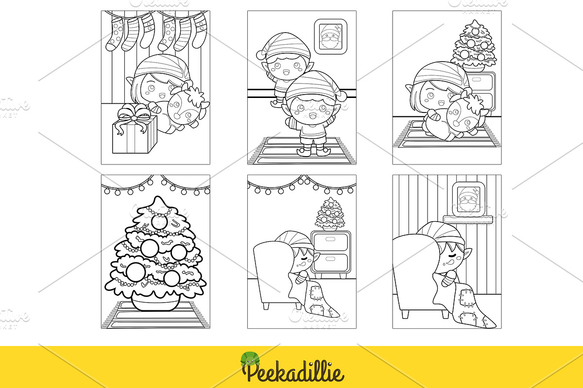 Cute Christmas Elf Coloring Set, a Decorative Illustration by Peekadillie Art (Photo 2 of 3)