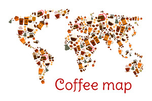 Coffee World Map Poster With Cup And Dessert