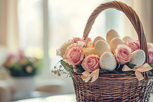 Charming English Easter decor with pastel florals, painted eggs,, a Holiday Photo by Studio ANNA
