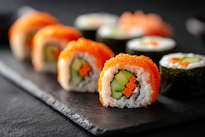 Sushi rolls with cucumber and avocado served on a slate platter, a Food & Drink Photo by AlyaAnd