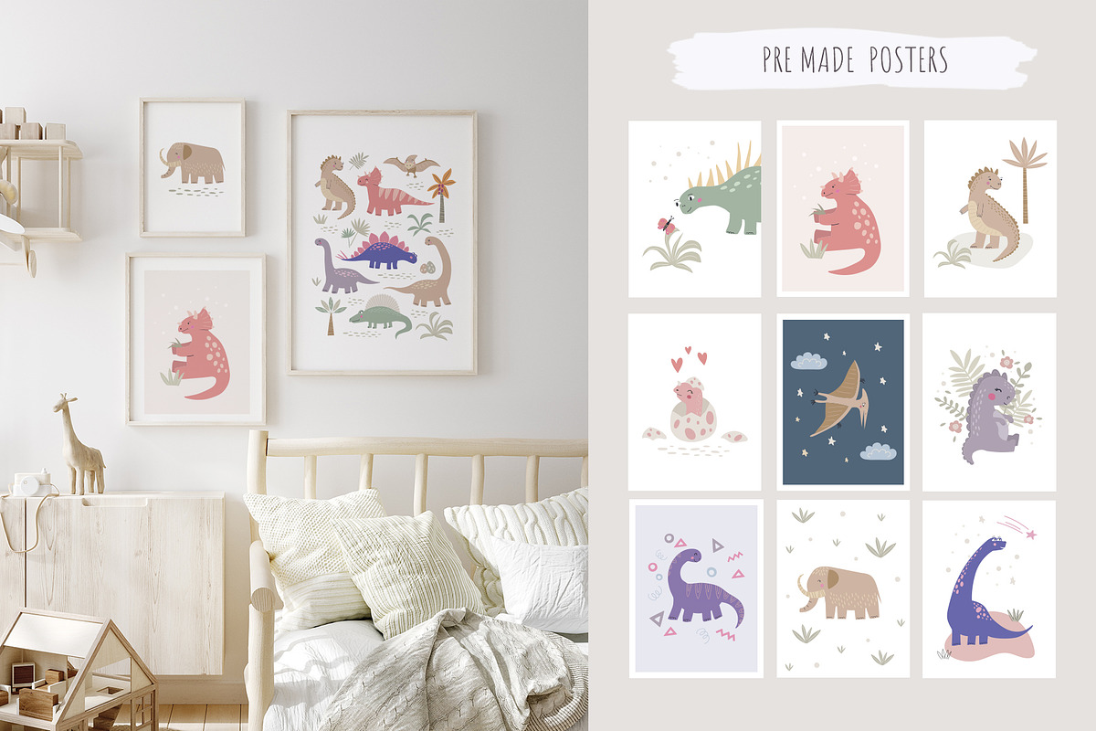 CuteDino clipart, patterns & posters, an Animal Illustration by Nadezhda Mikhailova (Photo 9 of 14)