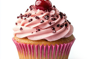A cupcake with frosting and a cherry, a Food & Drink Photo by Pixeness Studio