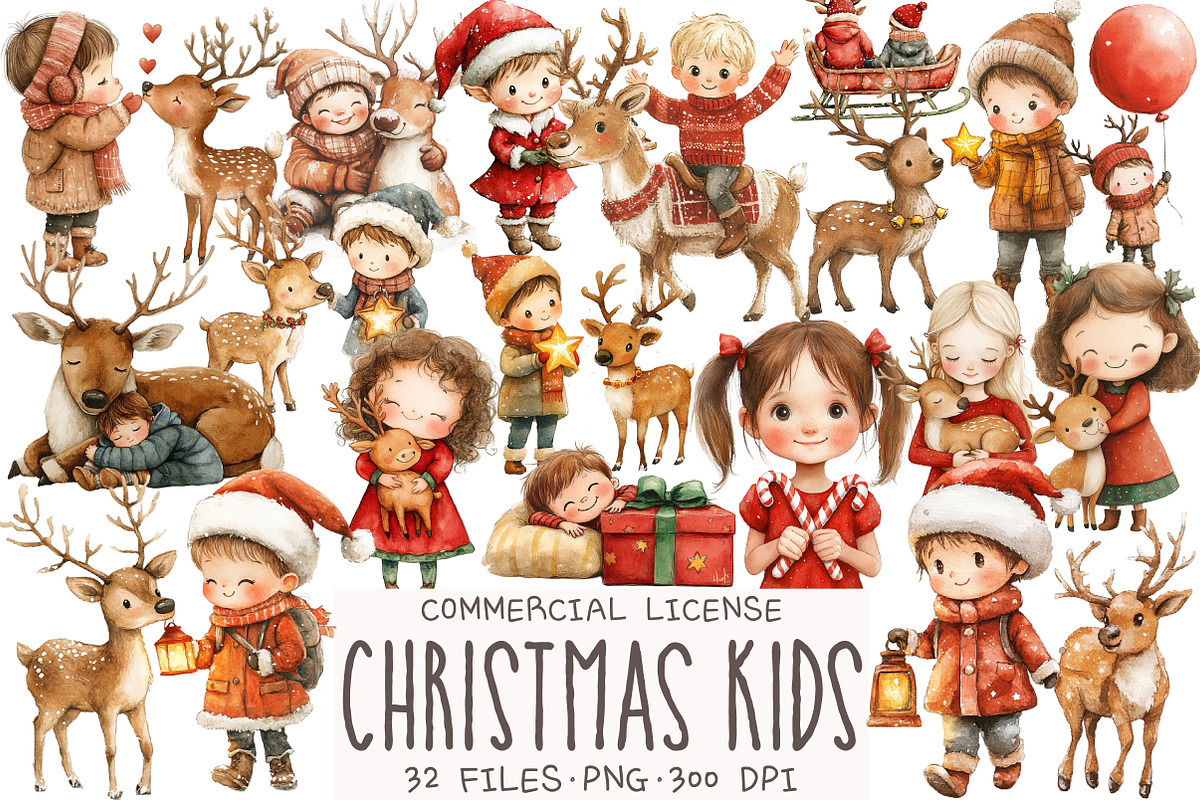 Christmas Kids Watercolor Clipart, an Illustration by OK Design (Photo 1 of 5)