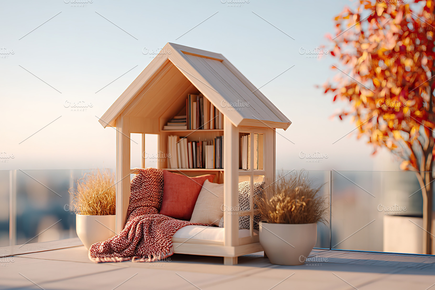 Cozy reading nook in a modern outdoor space with a stunning view at sunset, a Photo by AlyaAnd