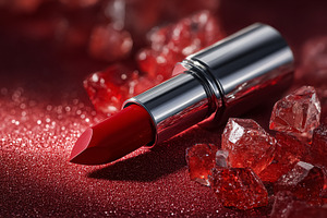 Red lipstick with silver tube shining on glitter background, sur, a Photo by Studio ANNA