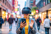Woman at urban scene wearing AR glasses while holding a smartpho, a Photo by DanFLCreativo (Thumbnail 2 of 2)