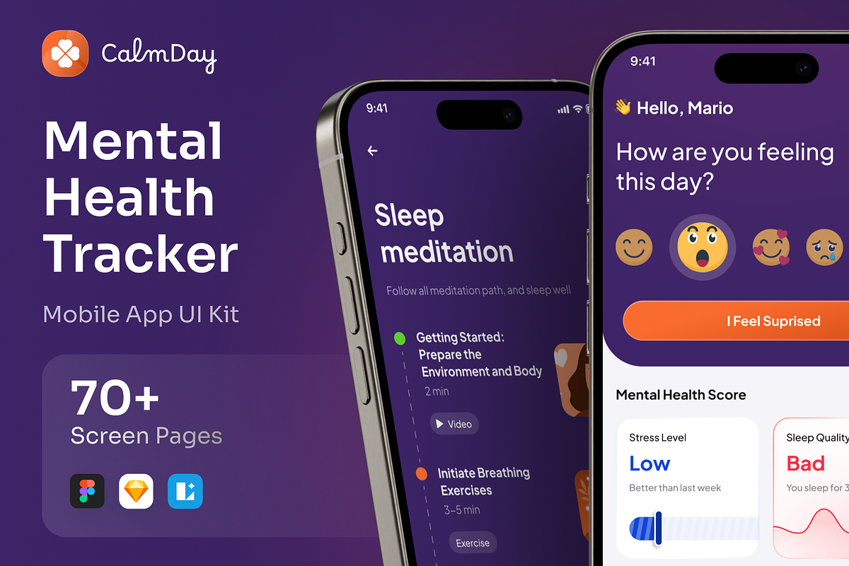 CalmDay - Mental Health Tracker Apps, an UI Kit Template by Agensip Design Agency (Photo 1 of 10)
