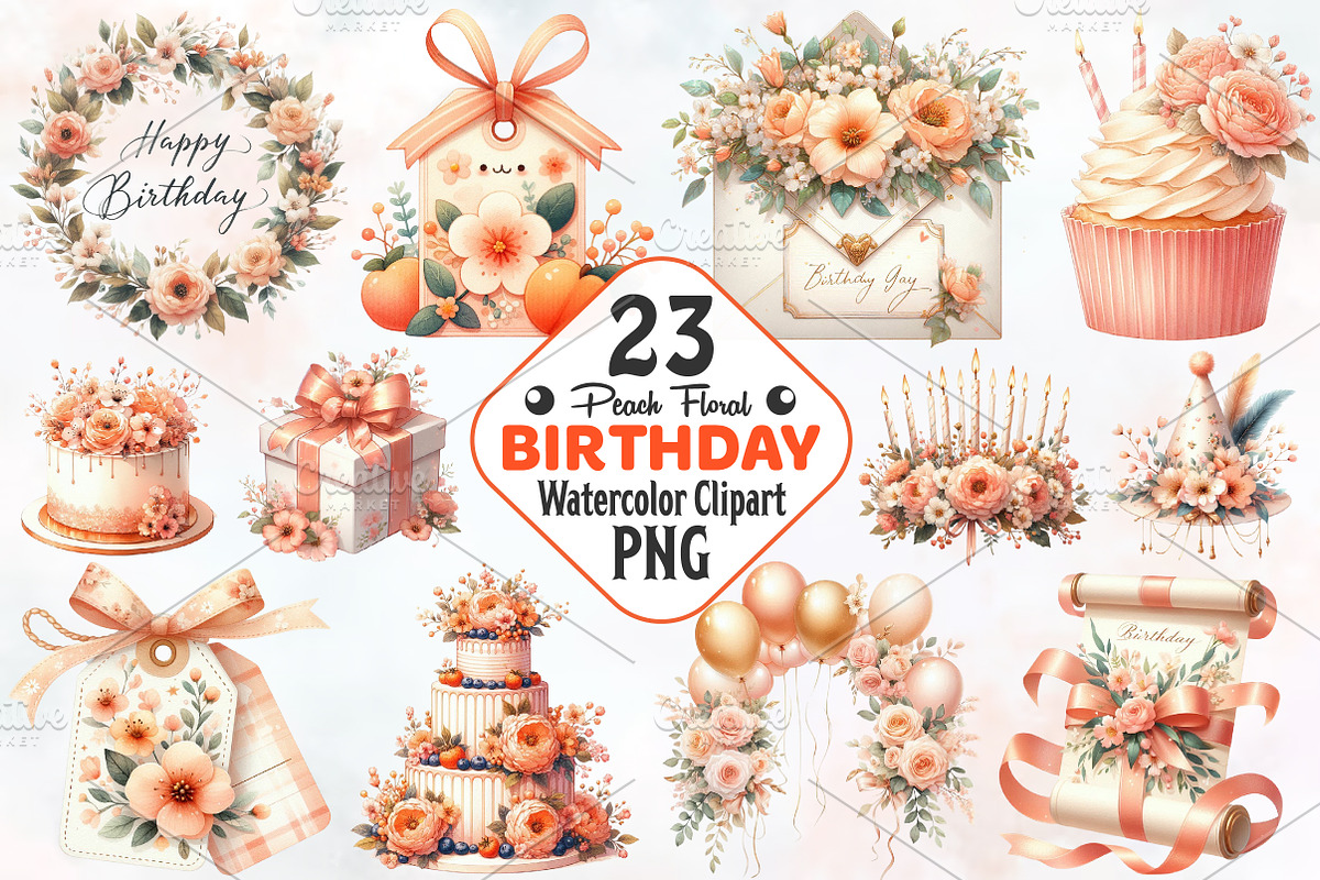 Peach Floral Birthday Watercolor PNG, an Illustration by RobertsArt (Photo 1 of 7)