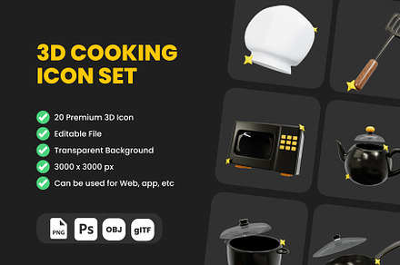 3D Cooking Icon Set Illustration, an Object 3D Model by Yogeeid
