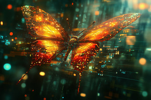 A digitally rendered butterfly with glowing orange and yellow wings, set agains, an Animal Photo by Textures & Backgrounds