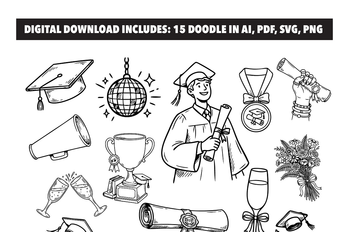Groovy Graduation Clipart Bundle, an Object Illustration by Guavanaboy (Photo 2 of 3)