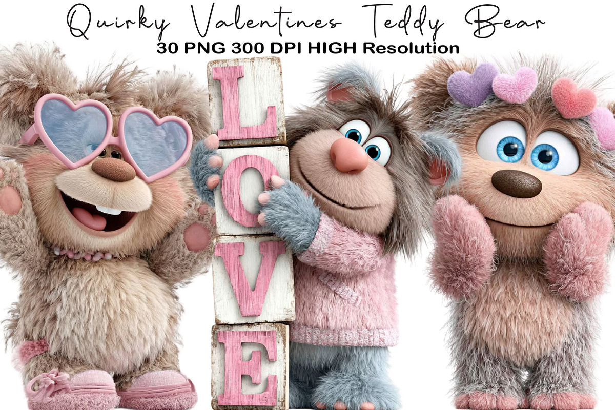 Quirky Valentines Teddy Bear Clipart, an Illustration by Black Bird Studio (Photo 1 of 6)