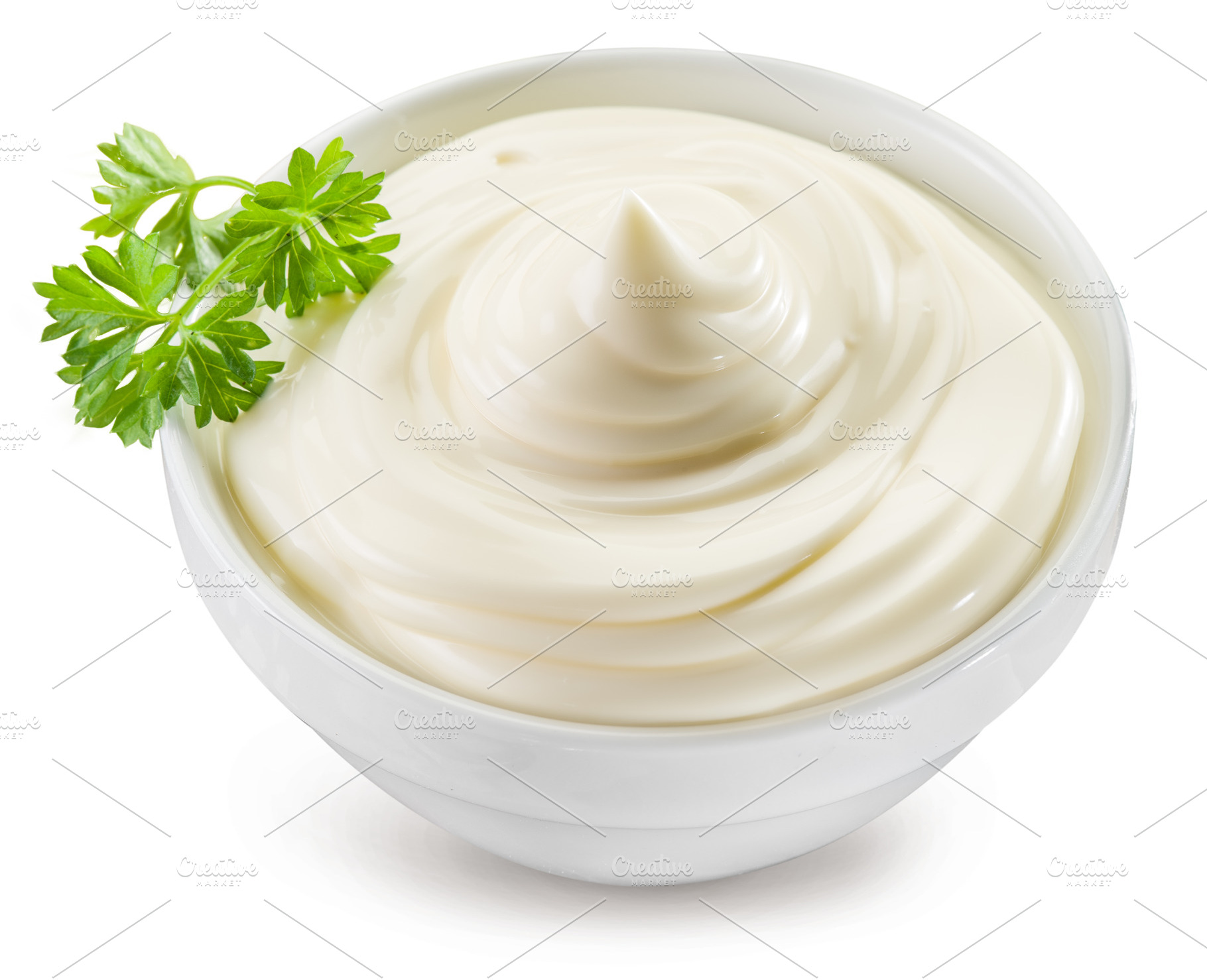 Homemade mayonnaise in a white bowl on white background. File co, a Food & Drink Photo by Volff