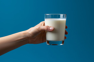 Hand holding a clear glass of milk a, a Food & Drink Photo by professorinc