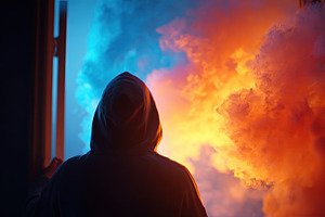 Man in hoodie opens a door revealing vibrant smoke in contrasting colors, a Person Photo by AlyaAnd