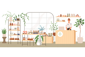 Cosmetics shop with organic products, a Person Illustration by Good Studio