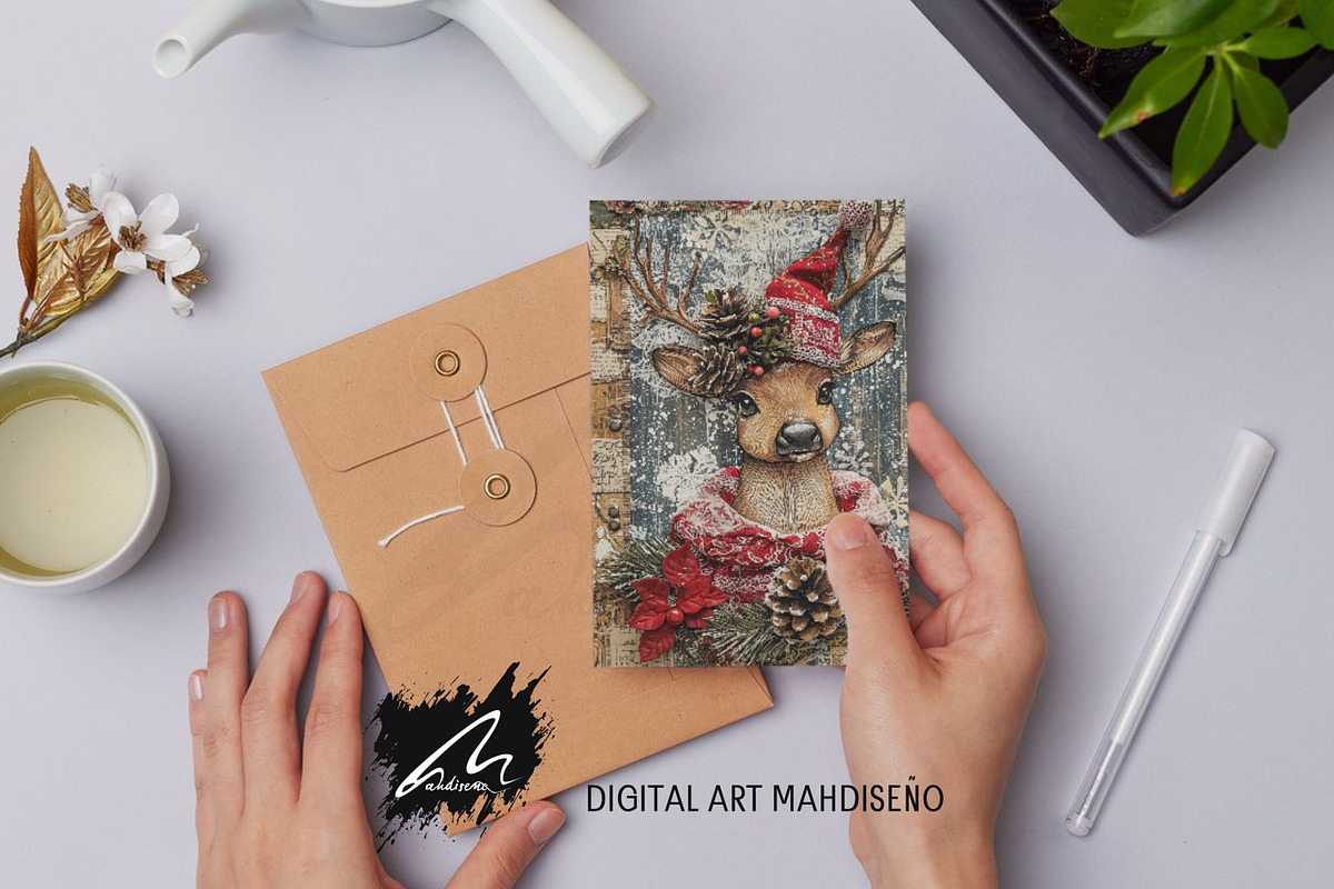 Cute Xmas Deer, Shabby Journal Pages, a Seasonal Illustration by Digital Art Mahdiseño (Photo 3 of 10)