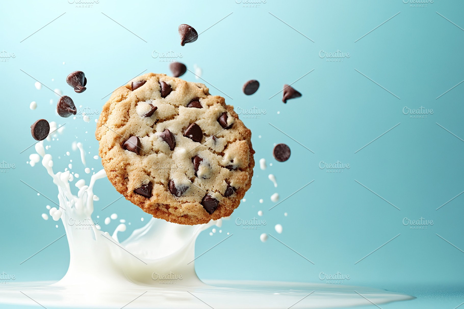 Chocolate cookie falling into white milk, a Food & Drink Photo by AlyaAnd