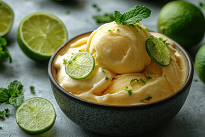 Delicious mango sorbet served in a b, a Photo by Tanuart